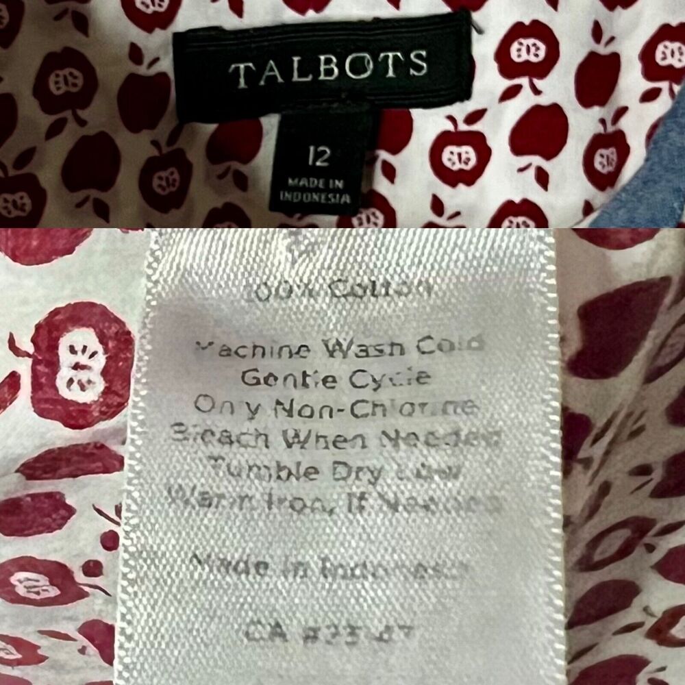 Talbots Red & White Apple Pattern Button Up Shirt with Convertible Sleeves Sz 12 - Picture 14 of 15